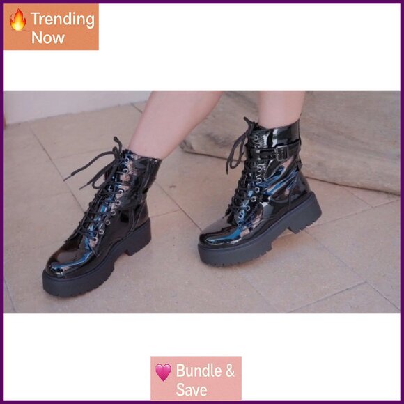 Chunky Heel Patent Leather Combat Boots, Side Zipper & Lace-Up Ankle Booties - Picture 8 of 8